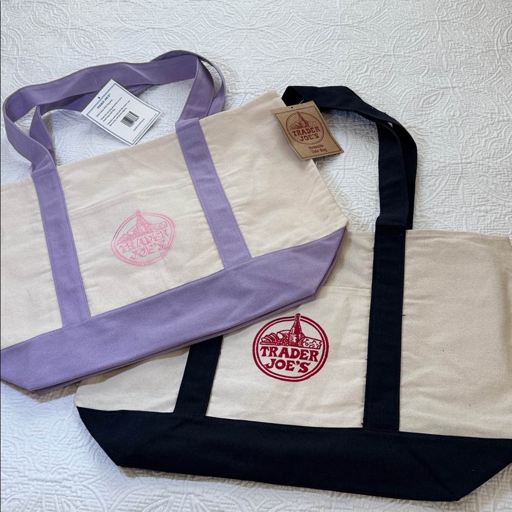 2 Trader Joe's Springtime Canvas Tote Bags 1 with Lavender and 1 Navy Trim.